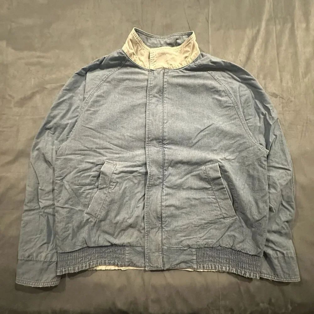 Vintage 80s Woolrich Bomber Jacket Mens Large Light Blue Denim Full Zip Pockets